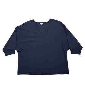 J. Jill Knit Sweater Large Petite Navy Blue 3/4 Sleeve V-Neck Top Preppy